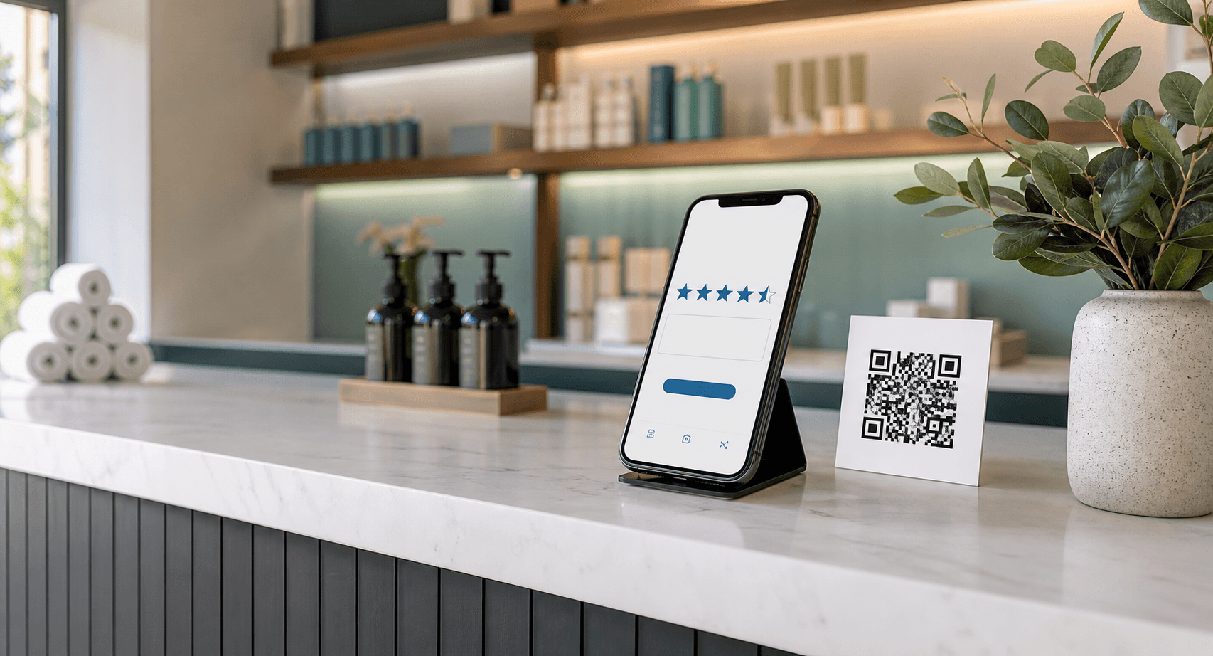 Small business counter with a QR sticker and customer feedback app